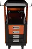 A front view of an orange and black tool cart with four drawers. Produktbild-Vorschau