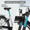A split image showing two close-up views of an e-bike, highlighting its suspension features. Produktbild-Vorschau