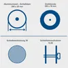 Diagrams and text describing specifications of grinding stones and wire brushes. Produktbild-Vorschau