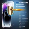 A smartphone screen protector is shown being impacted by a bullet, demonstrating its durability. Text highlights its features. Produktbild-Vorschau