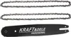 Two chainsaw chains and a chainsaw guide bar are laid out on a white background. Produktbild-Vorschau