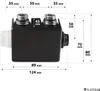 A diagram showing the dimensions of a black valve fitting. Produktbild-Vorschau