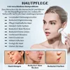 A woman is using a skincare device on her face, with text and images describing skincare benefits. Produktbild-Vorschau