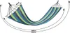 A striped hammock is shown suspended between two points, with measurement indicators. Produktbild-Vorschau