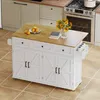 A white kitchen island with a wooden countertop is shown in a kitchen setting, next to a stove. Voir les images du produit