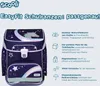A product image of a school backpack with feature callouts. Produktbild-Vorschau