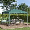 An outdoor dining set is arranged under a green pop-up gazebo, with a lush green hedge and trees in the background. Produktbild-Vorschau