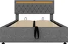 A front view of a bed frame with a tufted headboard and a wooden slat base. Náhľad obrázku produktu