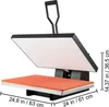 A heat press machine is shown with dimensions indicated. Náhled obrázku produktu