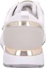 The back view of a white sneaker with gold accents. Produktbild-Vorschau