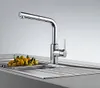 A modern kitchen faucet with a pull-out spout is shown over a stainless steel sink. A small pile of kumquats is in the sink. Produktbild-Vorschau