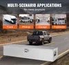 A truck tool box is shown in the foreground, with a pickup truck driving on a road in the background. The top of the image features marketing text and smaller images of different scenarios where the tool box can be used. Náhled obrázku produktu
