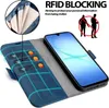 A blue flip case wallet for a smartphone is shown open, displaying card slots and a smartphone. Text overlays highlight features. Anteprima dell’immagine prodotto