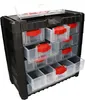 A black plastic storage organizer with multiple clear drawers and red drawer pulls, shown from a slightly elevated angle. Produktbild-Vorschau