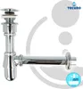 A chrome siphon set for a washbasin with a pop-up drain valve, presented against a white and light gray background with graphic elements. Produktbild-Vorschau