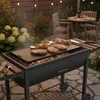 A barbecue grill with steaks and skewers cooking on it, set in a backyard garden at dusk. Produktbild-Vorschau