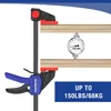 A WORKPRO clamp is shown holding two pieces of wood together, with a dial indicating 150 lbs of force. Text below states 'UP TO 150LBS/68KG'. Voir les images du produit