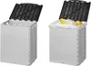 Two views of a collapsible trash can, one empty and one with a trash bag and items inside. Produktbild-Vorschau