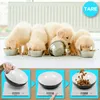Puppies eating from bowls, followed by images showing how to use a digital scale with a bowl. Produktbild-Vorschau