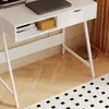 A white computer desk with a drawer and open shelves, shown from a low angle. Produktbild-Vorschau