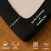 A close-up of a black fitted sheet corner on a bed, with text overlays highlighting product features. Produktbild-Vorschau