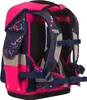 The back view of a pink and blue school backpack with star patterns. Voir les images du produit