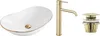 A white oval basin with a gold rim and drain, a gold faucet, and a gold drain assembly are displayed against a white background. Podgląd zdjęcia produktu