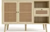 A light wood sideboard with rattan door panels and gold handles, shown against a white background. Náhled obrázku produktu