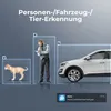 A graphic illustrating smart detection features of a security camera, showing icons for a dog, a person, and a car within detection zones. Produktbild-Vorschau