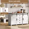 A white sideboard with sliding barn doors and drawers, decorated with kitchen items and text overlays highlighting safety features and dimensions. Voir les images du produit