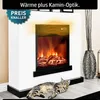 A white electric fireplace with a realistic flame effect is shown, with a cat lying on the floor in front of it. Decorative branches in a vase are visible to the right. Produktbild-Vorschau