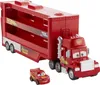 A red toy truck transporter with a smaller red toy car in front of it, on a white background. Produktbild-Vorschau