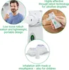 A collage of images showcasing a nebulizer and its features, with a man using it and close-ups of the device and accessories. Produktbild-Vorschau