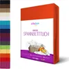 A product image showing a folded orange fitted sheet with a label displaying product information and a basket of laundry with flowers. Produktbild-Vorschau