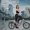 A woman is riding a gray electric folding bike in a city setting with tall buildings in the background. The image includes text overlays highlighting the bike's features. Produktbild-Vorschau