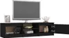 A black TV stand with a television on top and decorative items and books on the shelves. Voir les images du produit