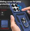A hand is holding a blue phone case with a sliding camera cover and a ring holder. The case is shown from a diagonal angle, with a close-up view of the features. Produktbild-Vorschau