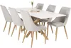 A white dining table with six gray chairs around it, set against a white background. Produktbild-Vorschau