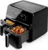 A black dual-basket air fryer with food in both baskets, displayed on a white background. Voir les images du produit