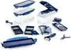 A collection of kitchen food preparation tools, including storage containers, dicers, graters, and peelers, laid out on a white background. Produktbild-Vorschau