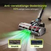 A close-up of a cordless vacuum cleaner head on a wooden floor, with green light effects indicating suction and two inset images comparing brush heads. Produktbild-Vorschau