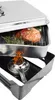 A stainless steel smoker with food inside and a burner underneath. Produktbild-Vorschau