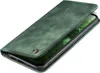 A green flip cover for a smartphone, partially open, showing the phone screen inside. Produktbild-Vorschau