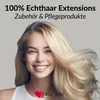A smiling woman with long blonde hair, with text overlay advertising hair extensions. Anteprima dell’immagine prodotto
