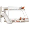 A white wooden bunk bed with a slide, ladder, and lower sleeping area with pillows.