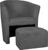 A dark gray armchair with a matching ottoman is shown against a white background.