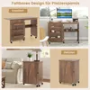 A collage showing a foldable sewing cabinet and desk in both extended and folded states, along with a lifestyle shot of the folded unit in a living room setting. Produktbild-Vorschau