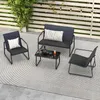 An outdoor patio set with a loveseat, two chairs, and a coffee table on a circular rug. Podgląd zdjęcia produktu