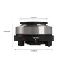 A product shot of a mini electric stove with dimensions overlaid. Produktbild-Vorschau