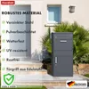 A dark gray parcel box with a letter slot and a door, placed on outdoor steps next to a house entrance. Text overlays highlight product features. Náhled obrázku produktu